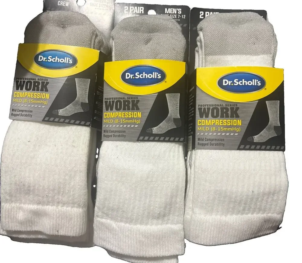 Dr. Scholl's Mens 7-12 White Work Compression Crew Socks Professional 3 Pair NE
